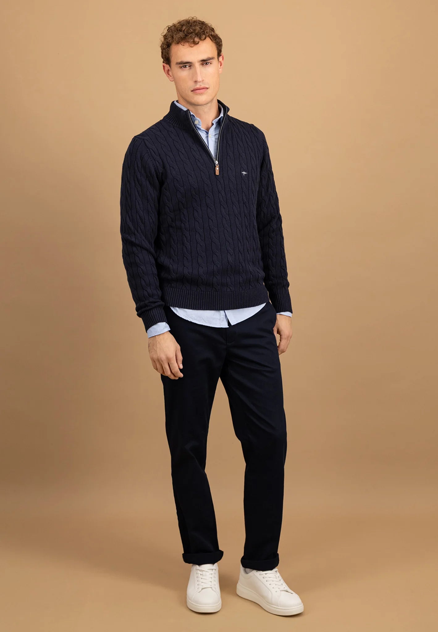 Pure-cotton Cable Knit Quarter Zip Jumper - Navy