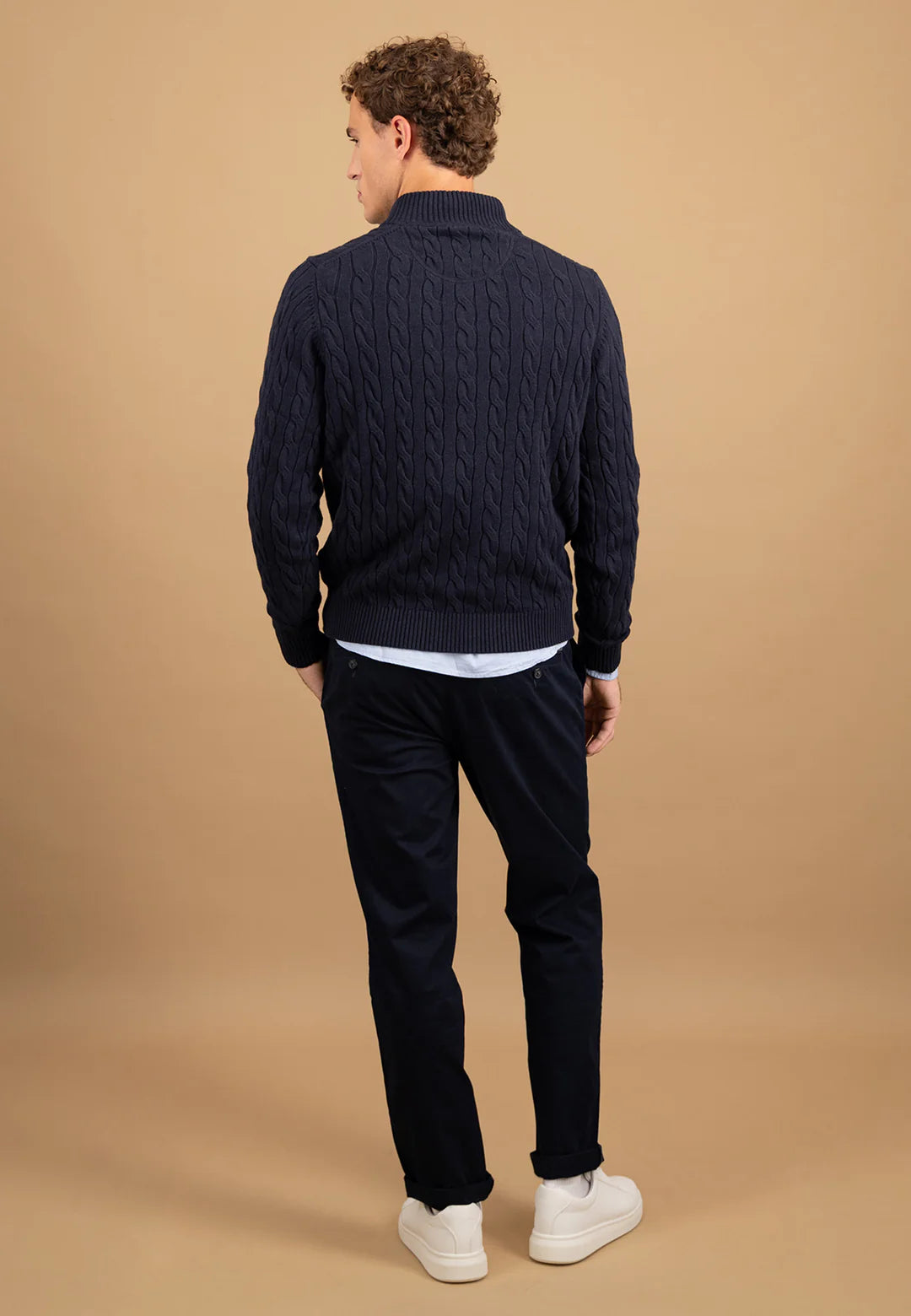 Pure-cotton Cable Knit Quarter Zip Jumper - Navy