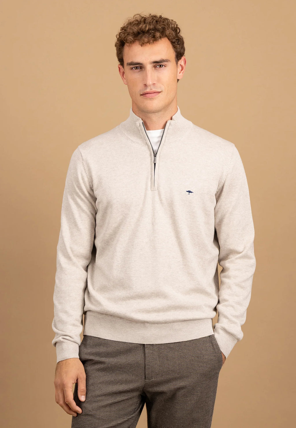 Pure-Cotton Structured Knit Quarter Zip - Vintage White