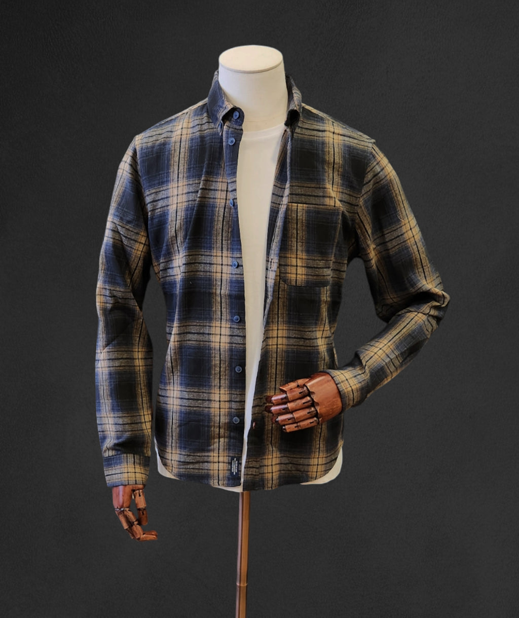 Brush-Cotton Check Shirt - Navy