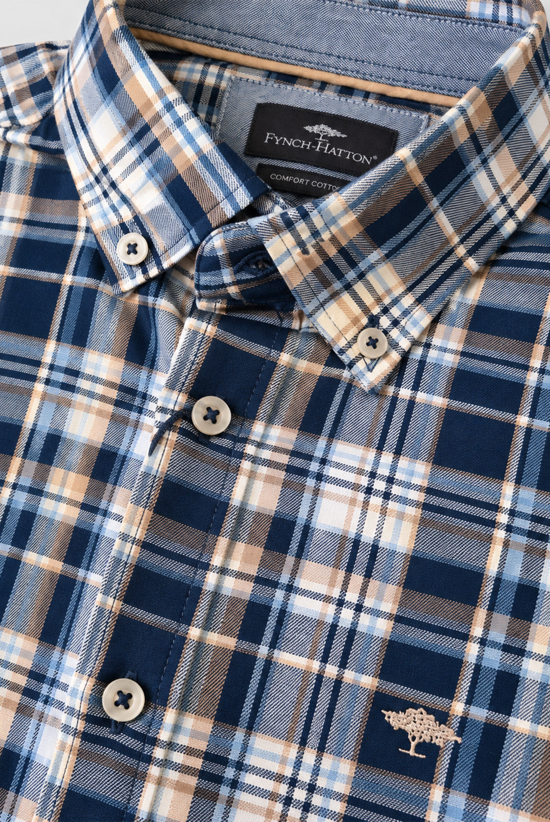 Twill Cotton Plaid Check Shirt - Navy