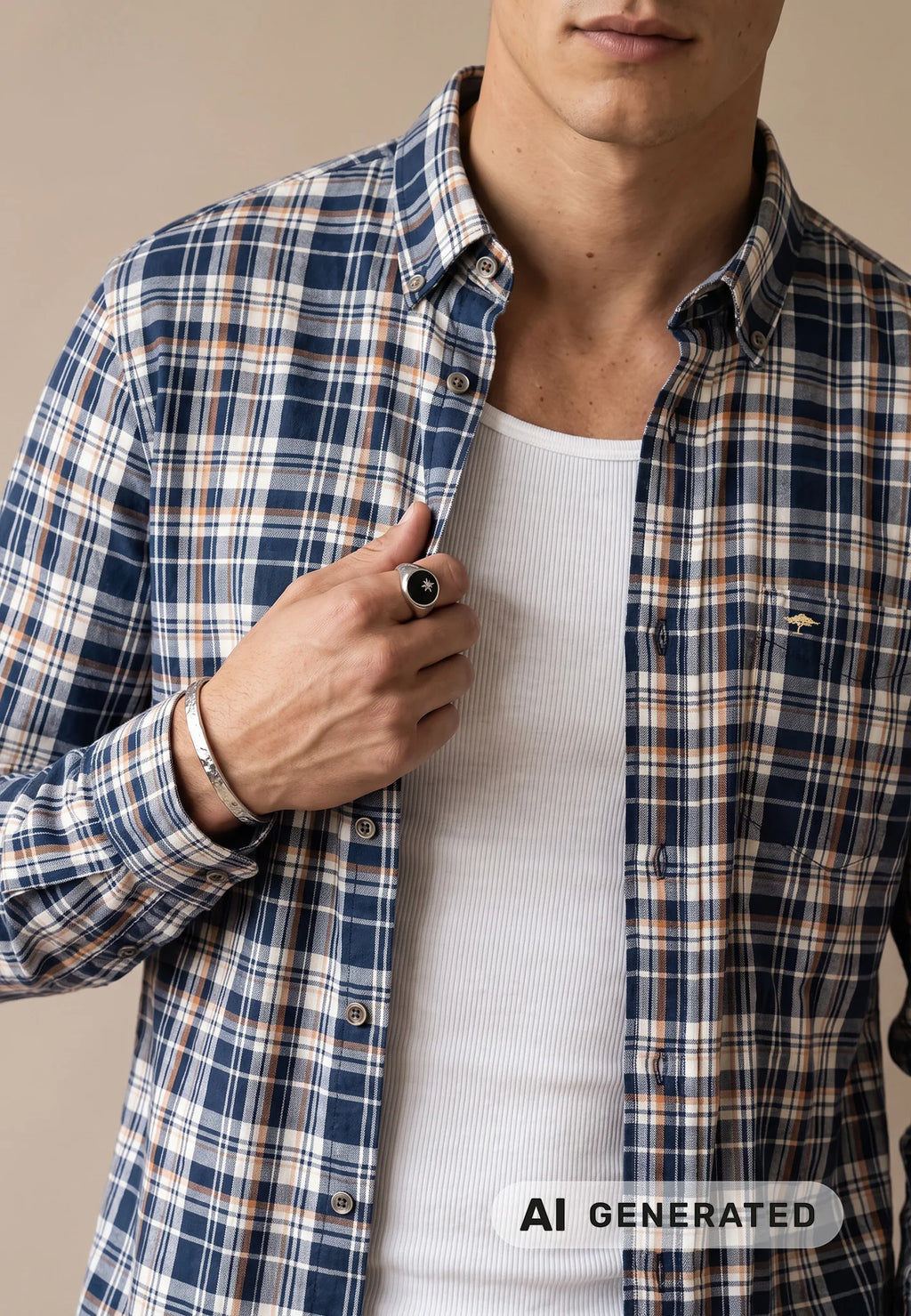 Twill Cotton Plaid Check Shirt - Navy