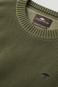Ribbed Crew Neck Cotton Jumper - Moss Green