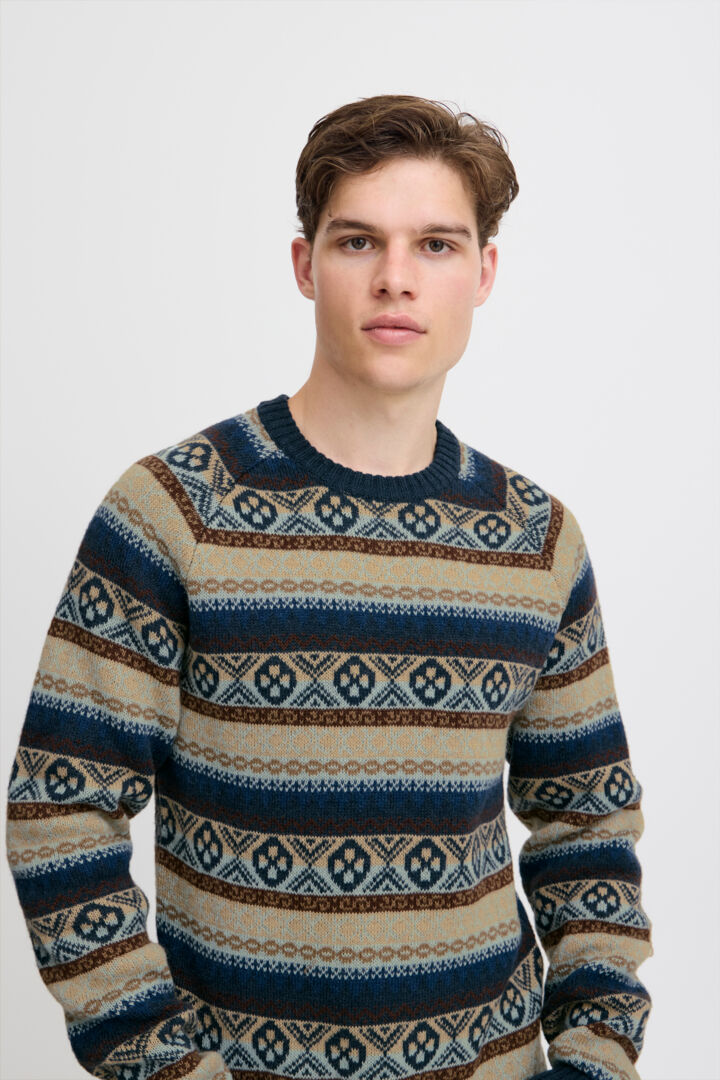 Wool-Blend Patterned Knitted Pullover - Blue and Beige