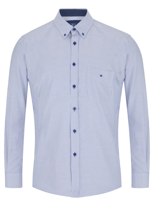 Cotton-Rich Button-Down Long-Sleeve Shirt - Blue Stripe