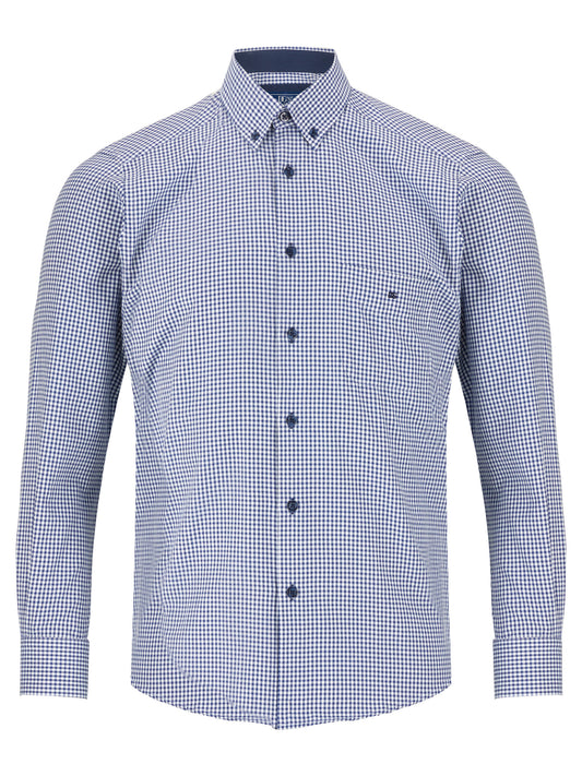 Brushed Cotton Button-Down Long-Sleeve Shirt - Blue Puppytooth Check