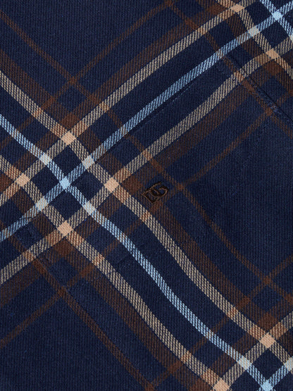 Brushed Cotton Button-Down Long-Sleeve Shirt - Navy and Brown Check