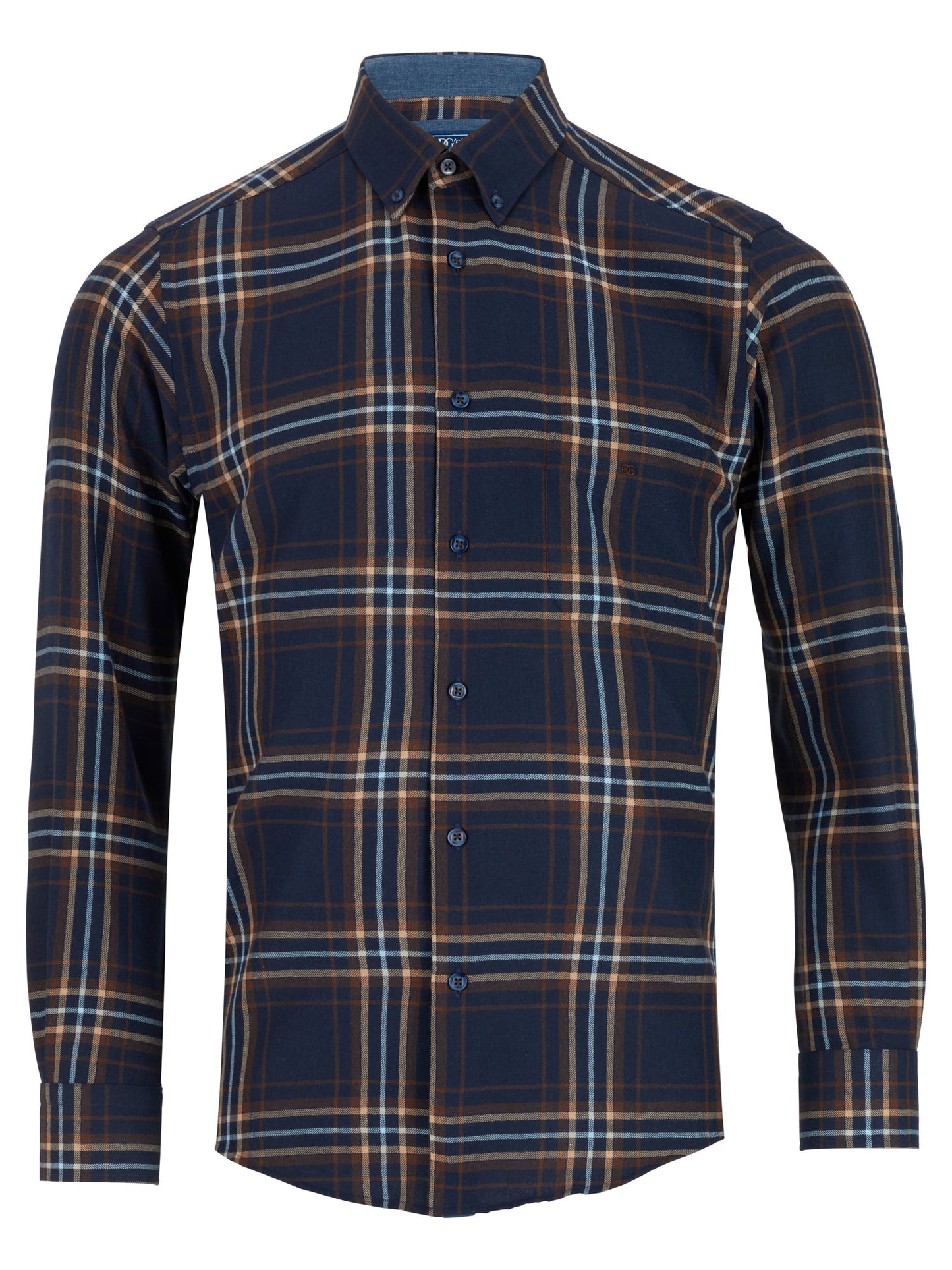 Brushed Cotton Button-Down Long-Sleeve Shirt - Navy and Brown Check