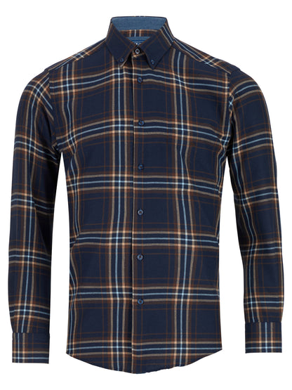 Brushed Cotton Button-Down Long-Sleeve Shirt - Navy and Brown Check