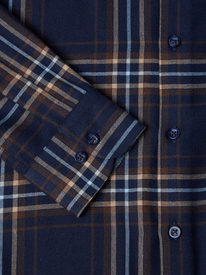 Brushed Cotton Button-Down Long-Sleeve Shirt - Navy and Brown Check