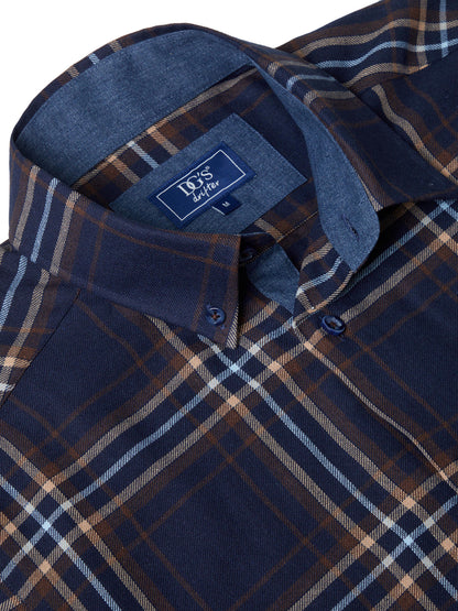 Brushed Cotton Button-Down Long-Sleeve Shirt - Navy and Brown Check
