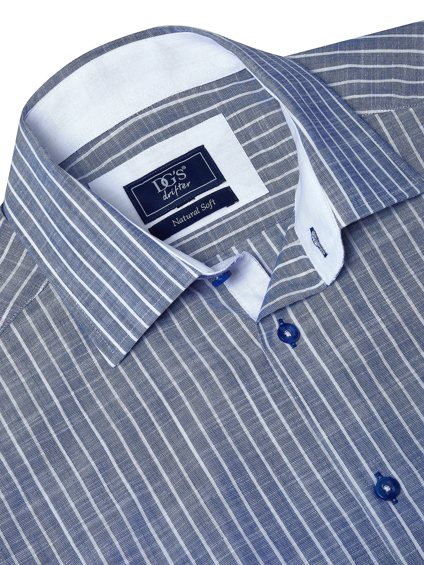 Pure Cotton Button-Down Short-Sleeve Shirt - Blue White Stripe