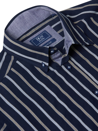 Pure Cotton Button-Down Long-Sleeve Shirt - Navy Stripe