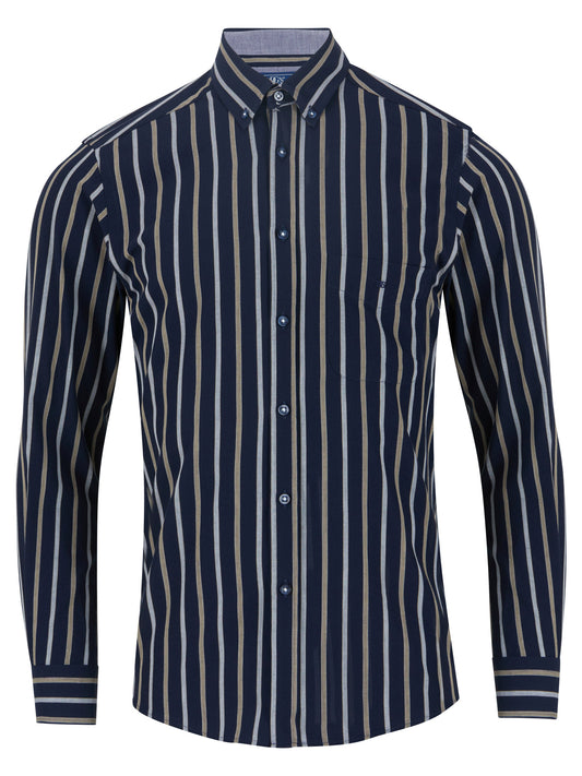 Pure Cotton Button-Down Long-Sleeve Shirt - Navy Stripe