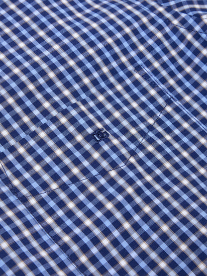 Cotton-Rich Button Down Short-Sleeve Shirt - Navy Check