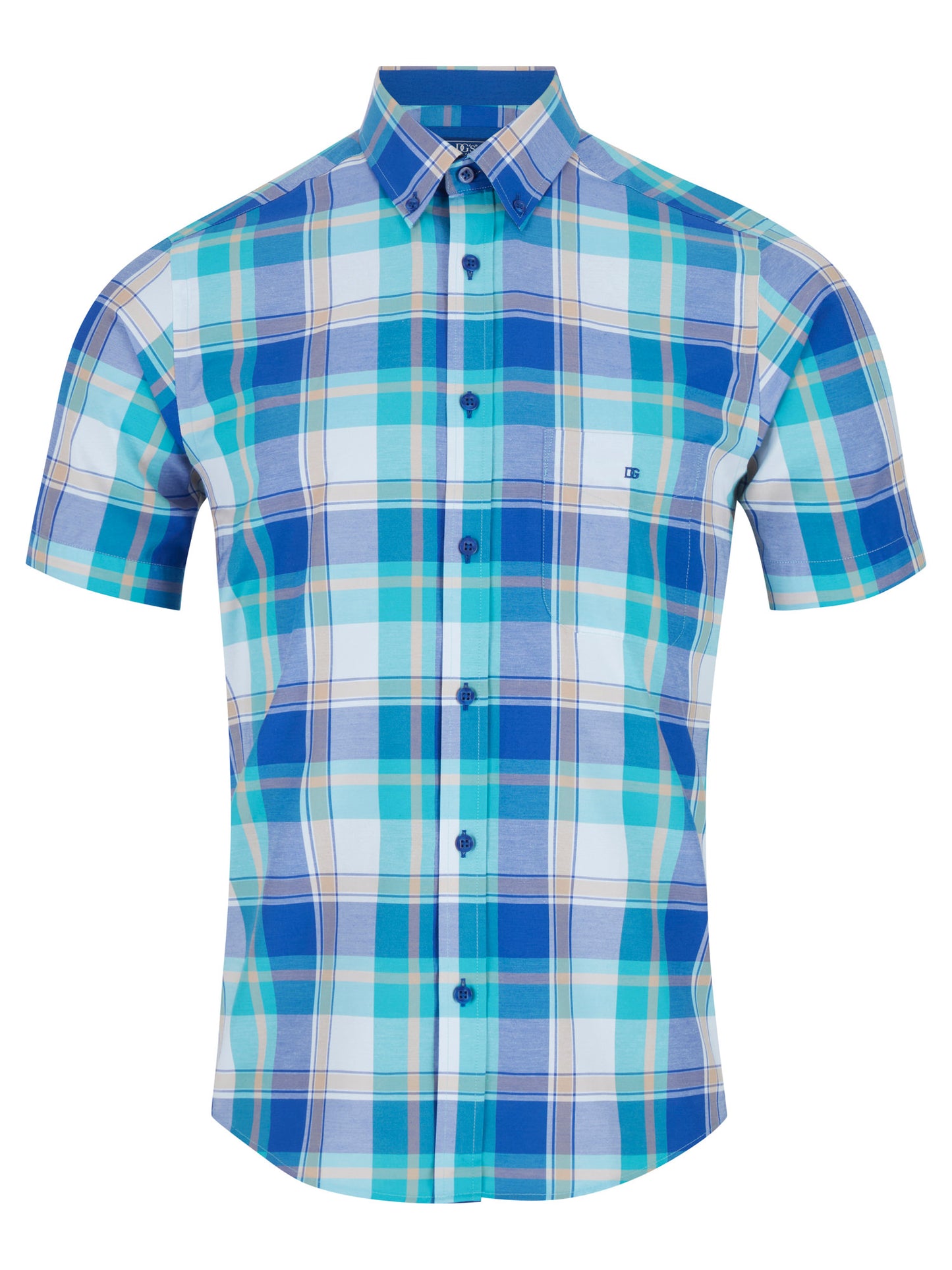 Pure Cotton Button-Down Short-Sleeve Shirt - Blue Check II