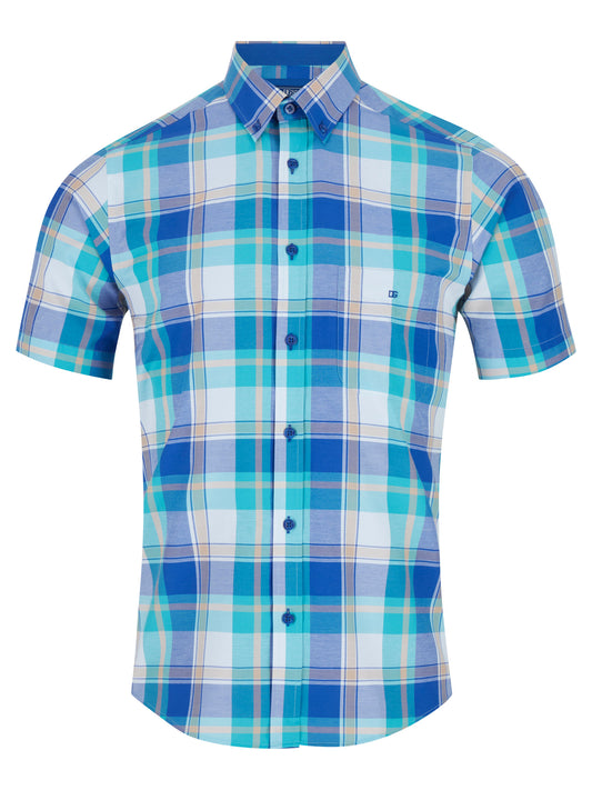 Pure Cotton Button-Down Short-Sleeve Shirt - Blue Check II