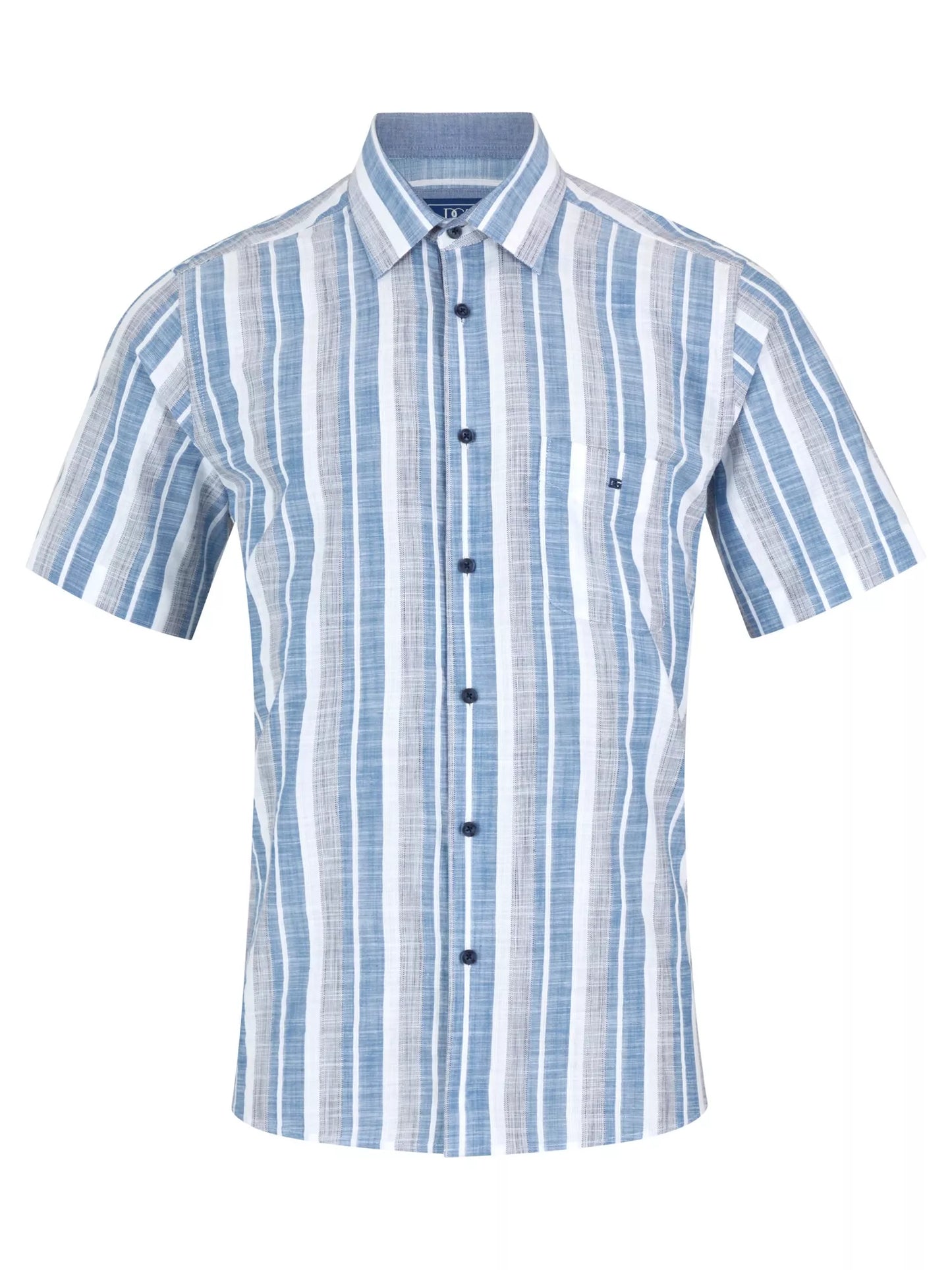 Pure Cotton Short-Sleeve Shirt - Blue Wide Stripe