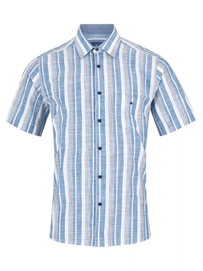 Pure Cotton Short-Sleeve Shirt - Blue Wide Stripe