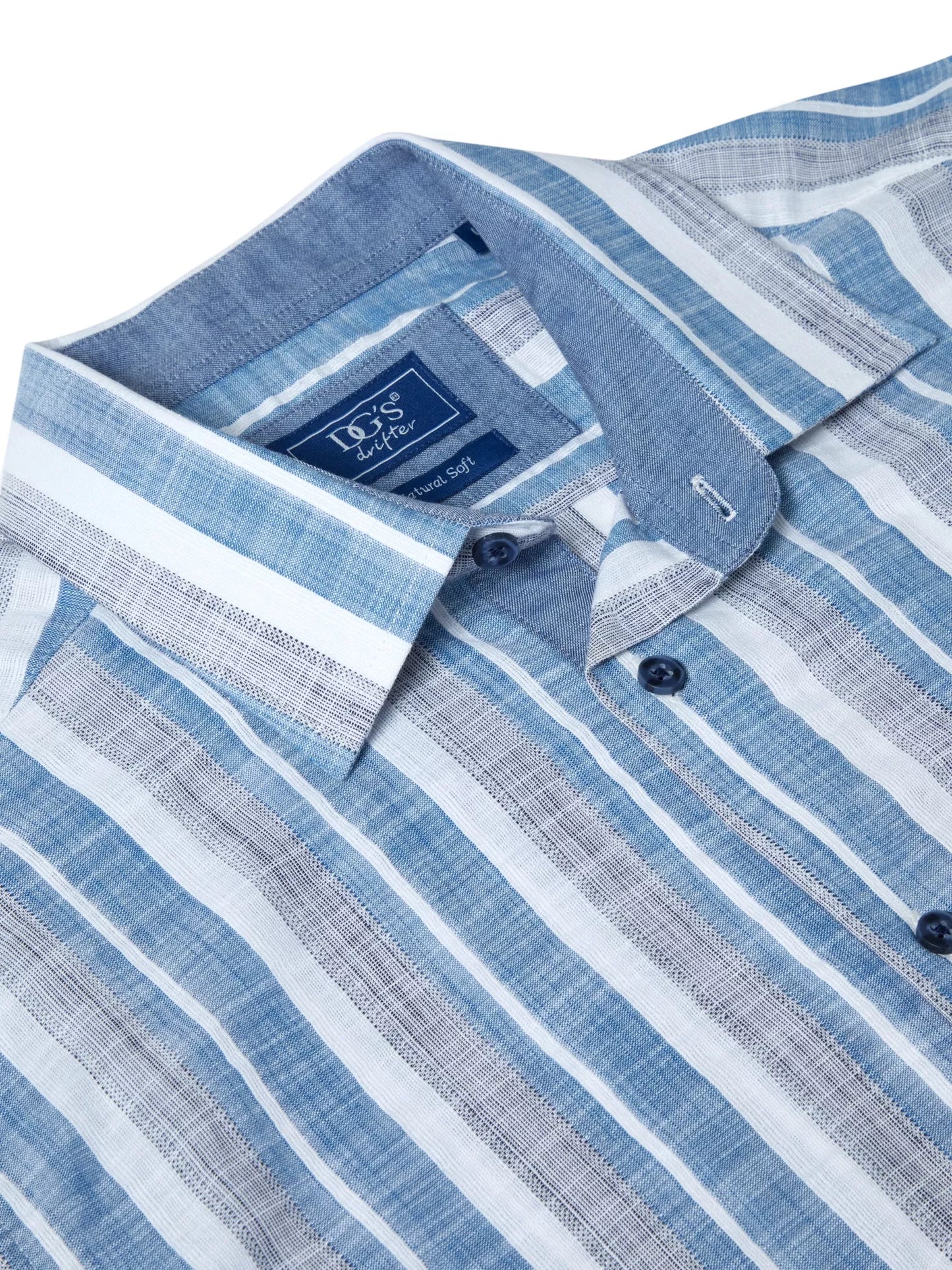Pure Cotton Short-Sleeve Shirt - Blue Wide Stripe