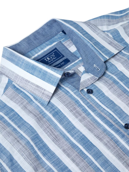 Pure Cotton Short-Sleeve Shirt - Blue Wide Stripe