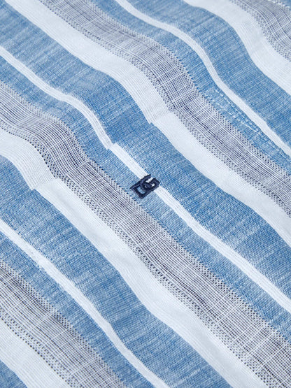 Pure Cotton Short-Sleeve Shirt - Blue Wide Stripe