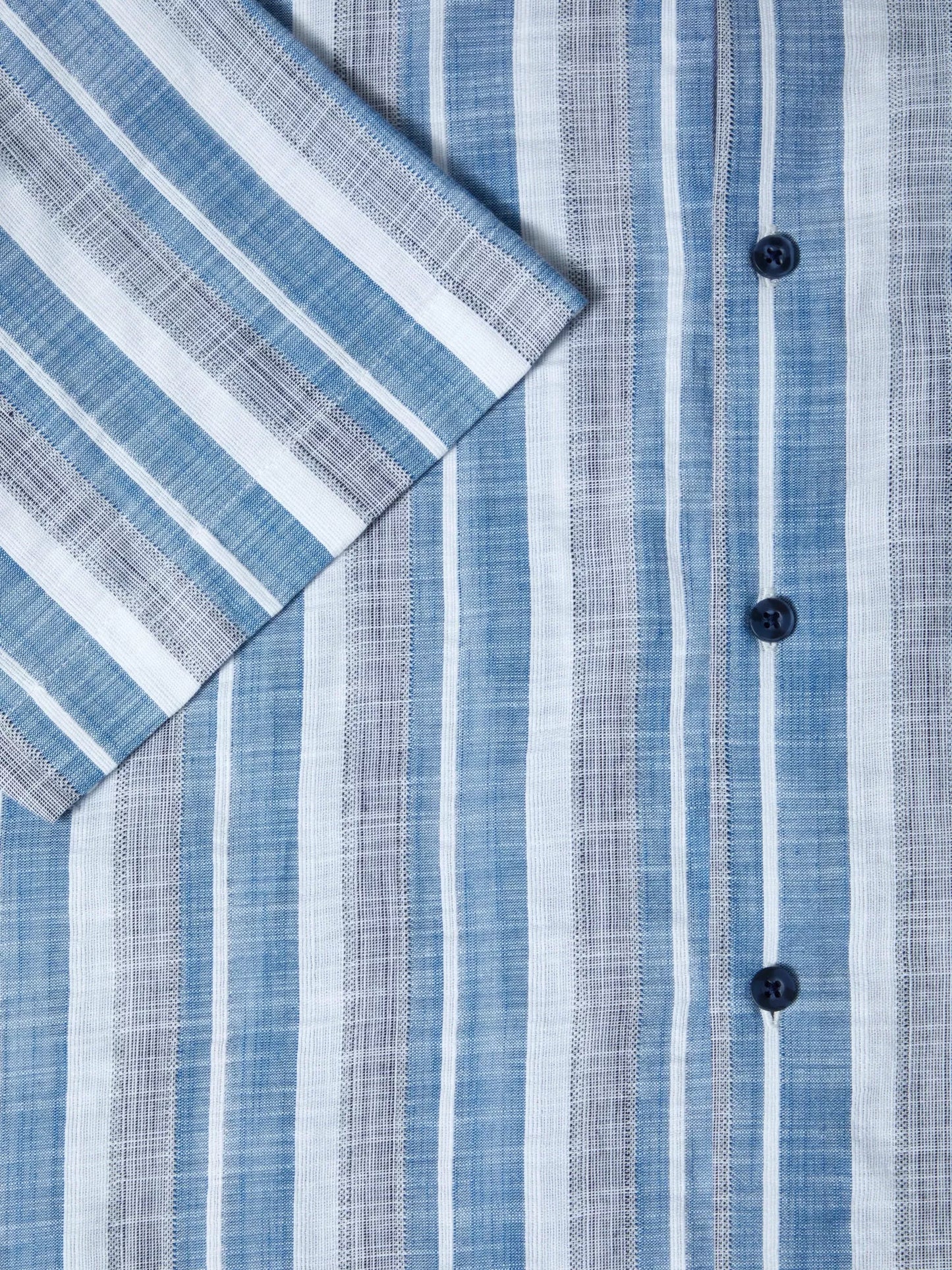 Pure Cotton Short-Sleeve Shirt - Blue Wide Stripe