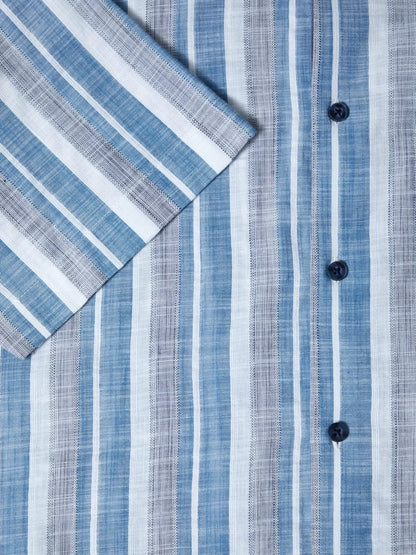 Pure Cotton Short-Sleeve Shirt - Blue Wide Stripe