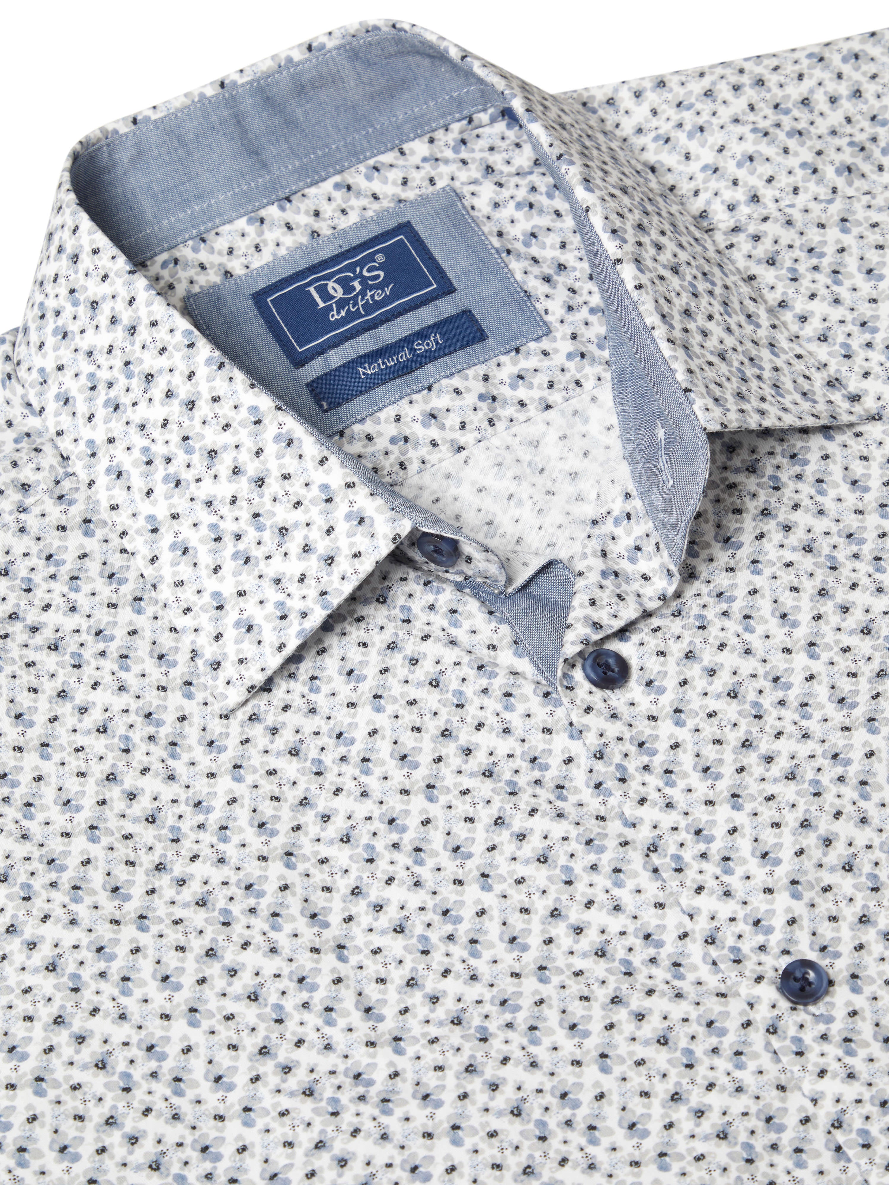 Micro Floral Print Pure Cotton Shirt - White / Blue / Grey