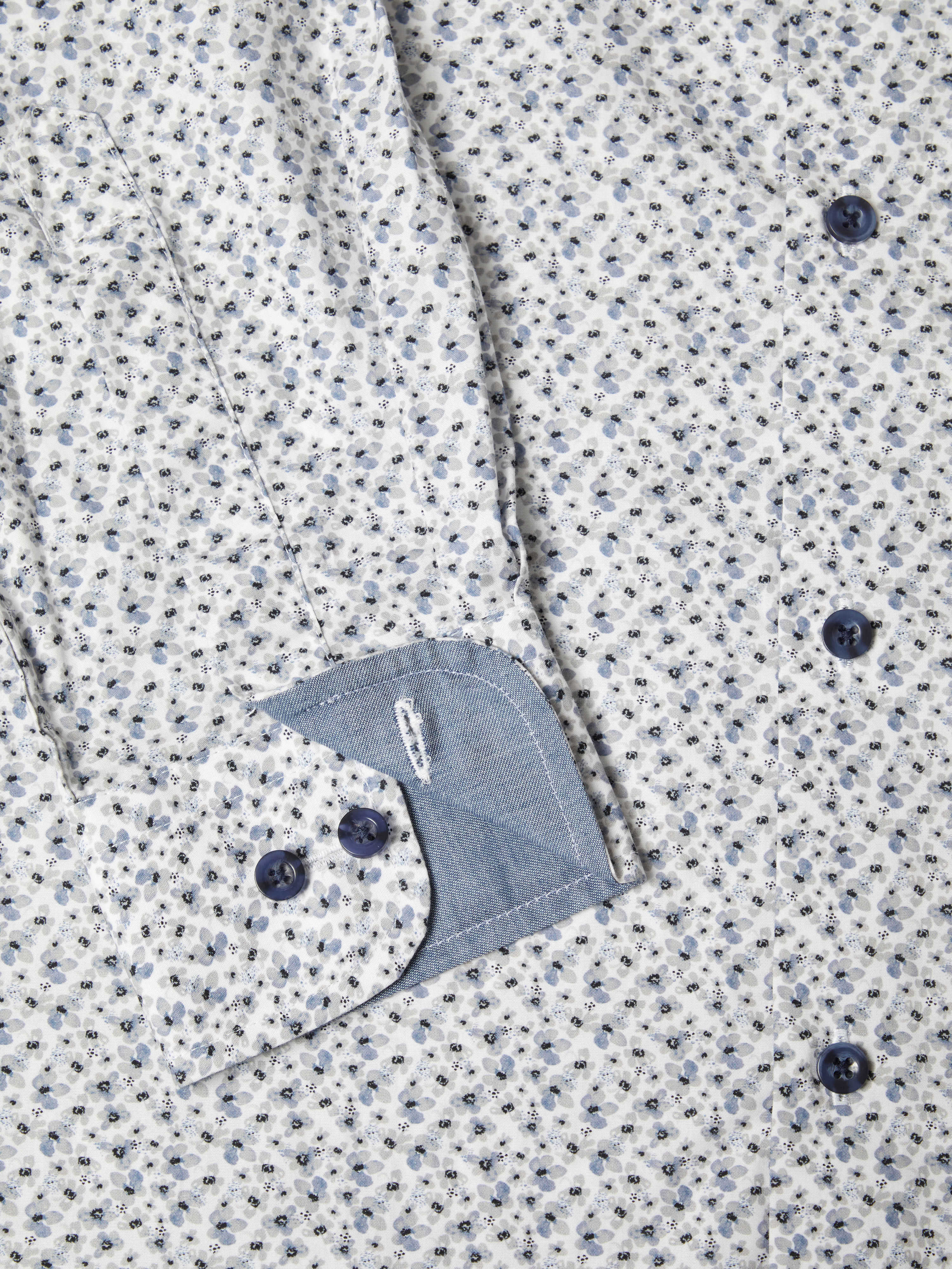 Micro Floral Print Pure Cotton Shirt - White / Blue / Grey