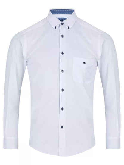 Cotton-Blend Long-Sleeve Casual Shirt - White with Navy Buttons