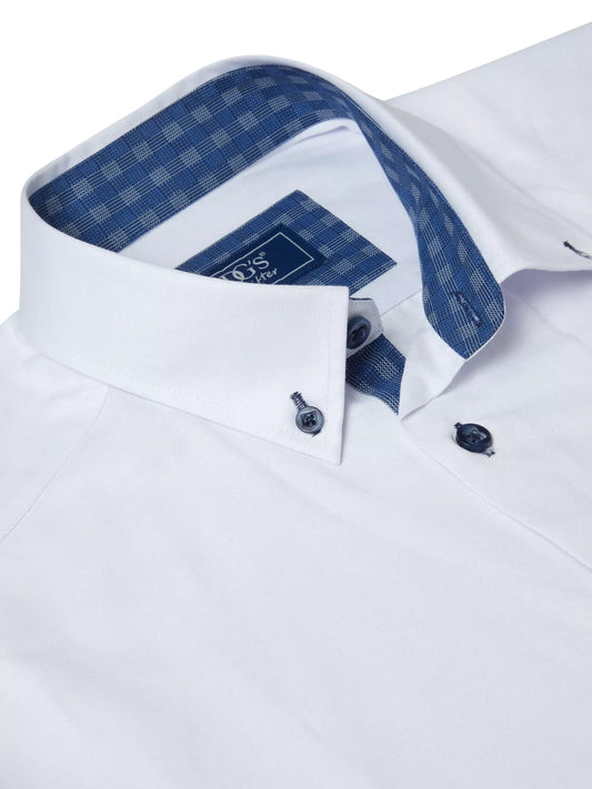 Cotton-Blend Long-Sleeve Casual Shirt - White with Navy Buttons