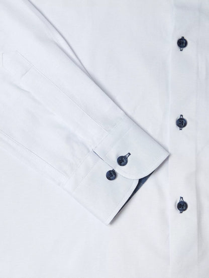 Cotton-Blend Long-Sleeve Casual Shirt - White with Navy Buttons