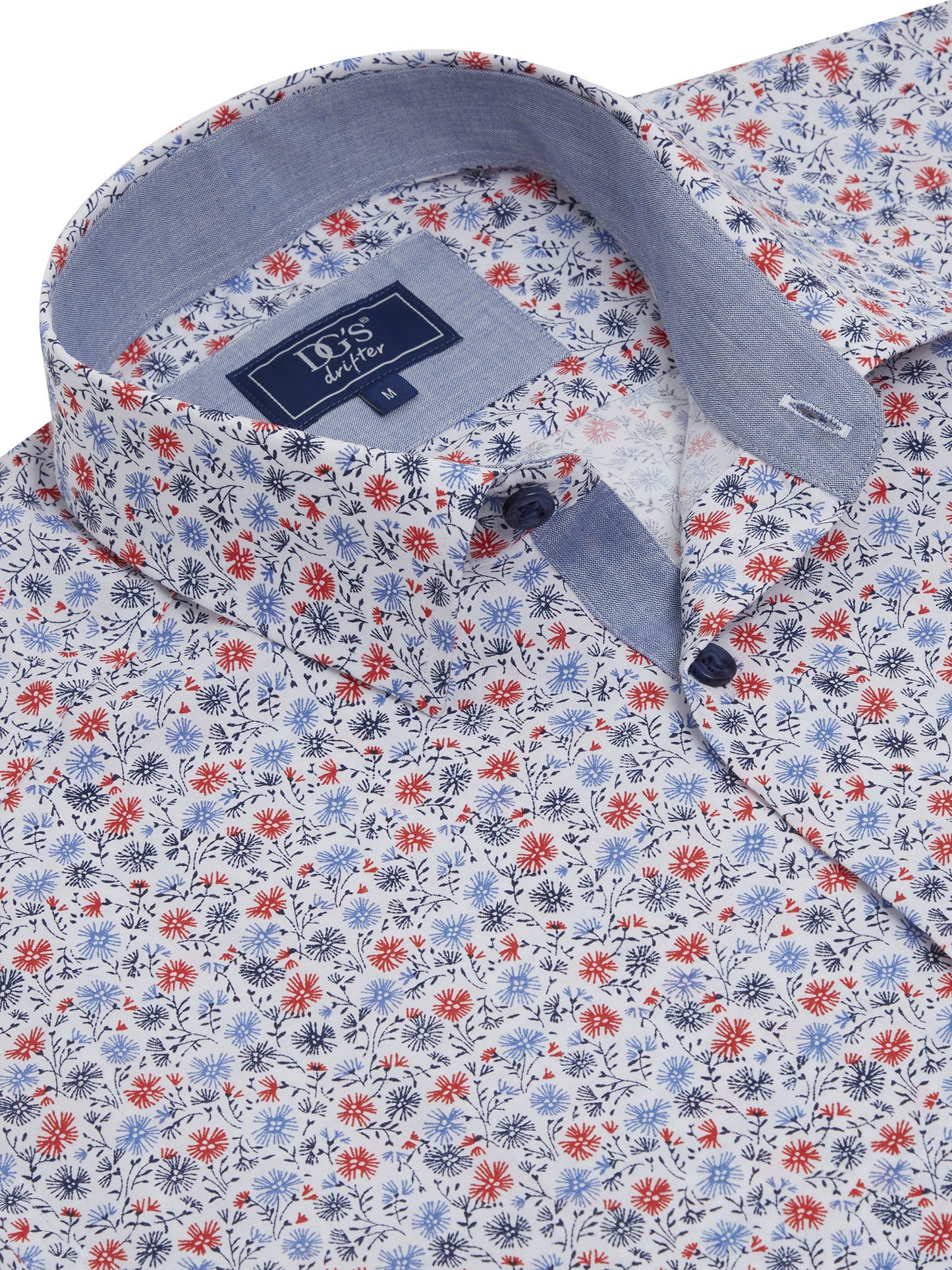 Cotton-Blend Button-Down Short-Sleeve Shirt - Blue Red Floral