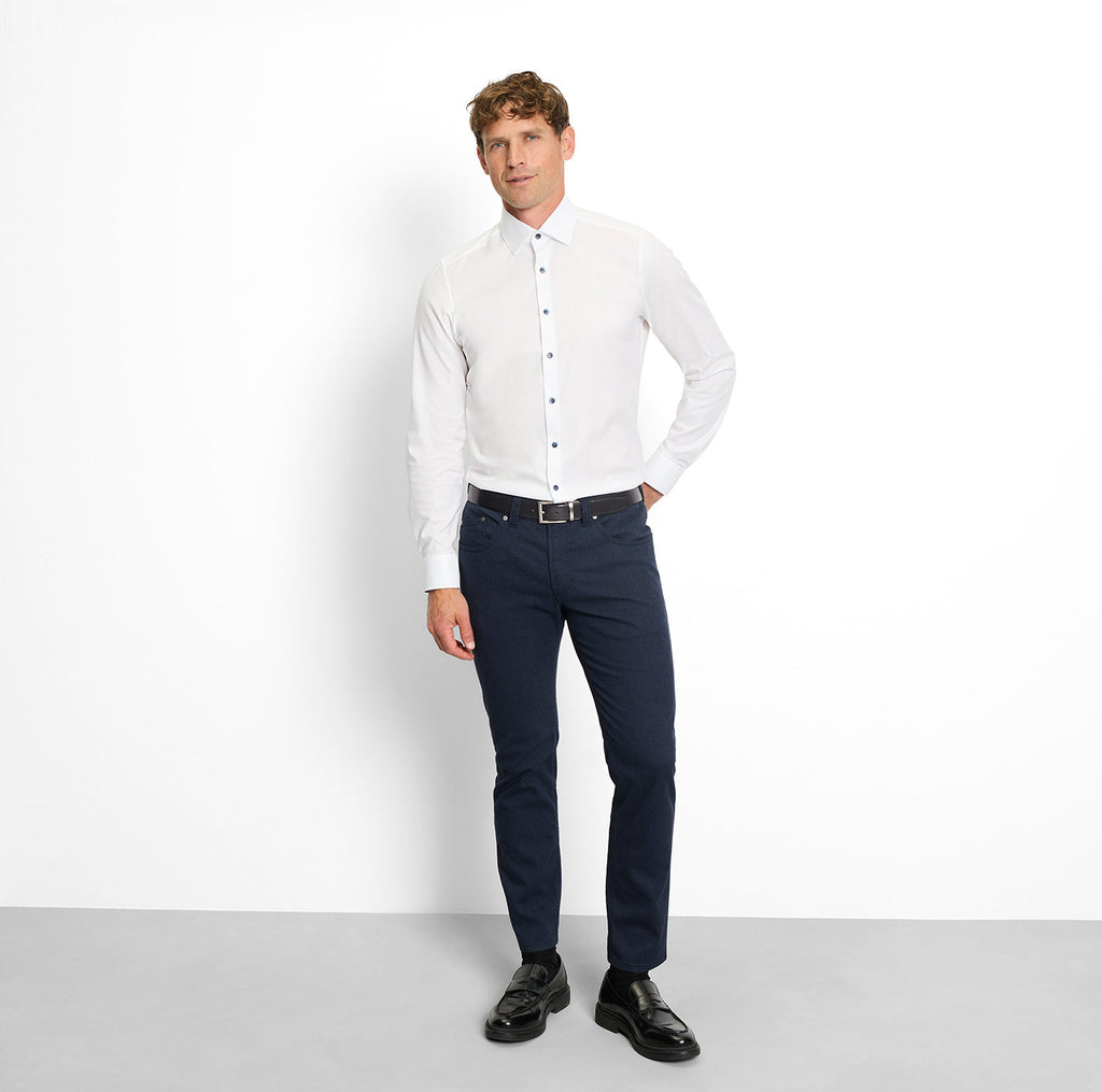 OLYMP Body Fit Plain Long Sleeve Shirt - White w/ Navy Details