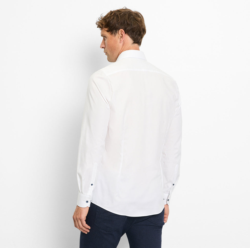 OLYMP Body Fit Plain Long Sleeve Shirt - White w/ Navy Details