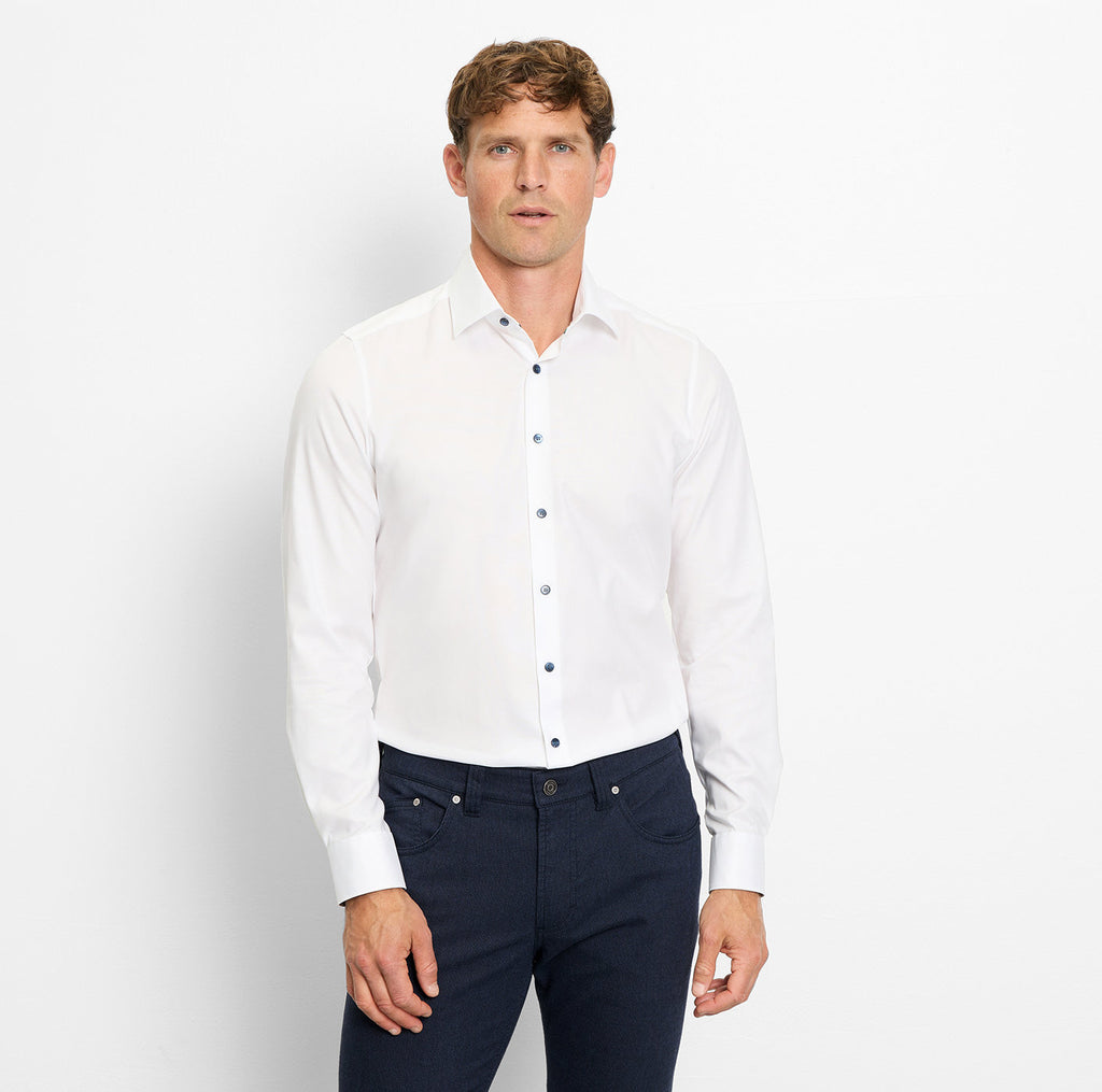 OLYMP Body Fit Plain Long Sleeve Shirt - White w/ Navy Details