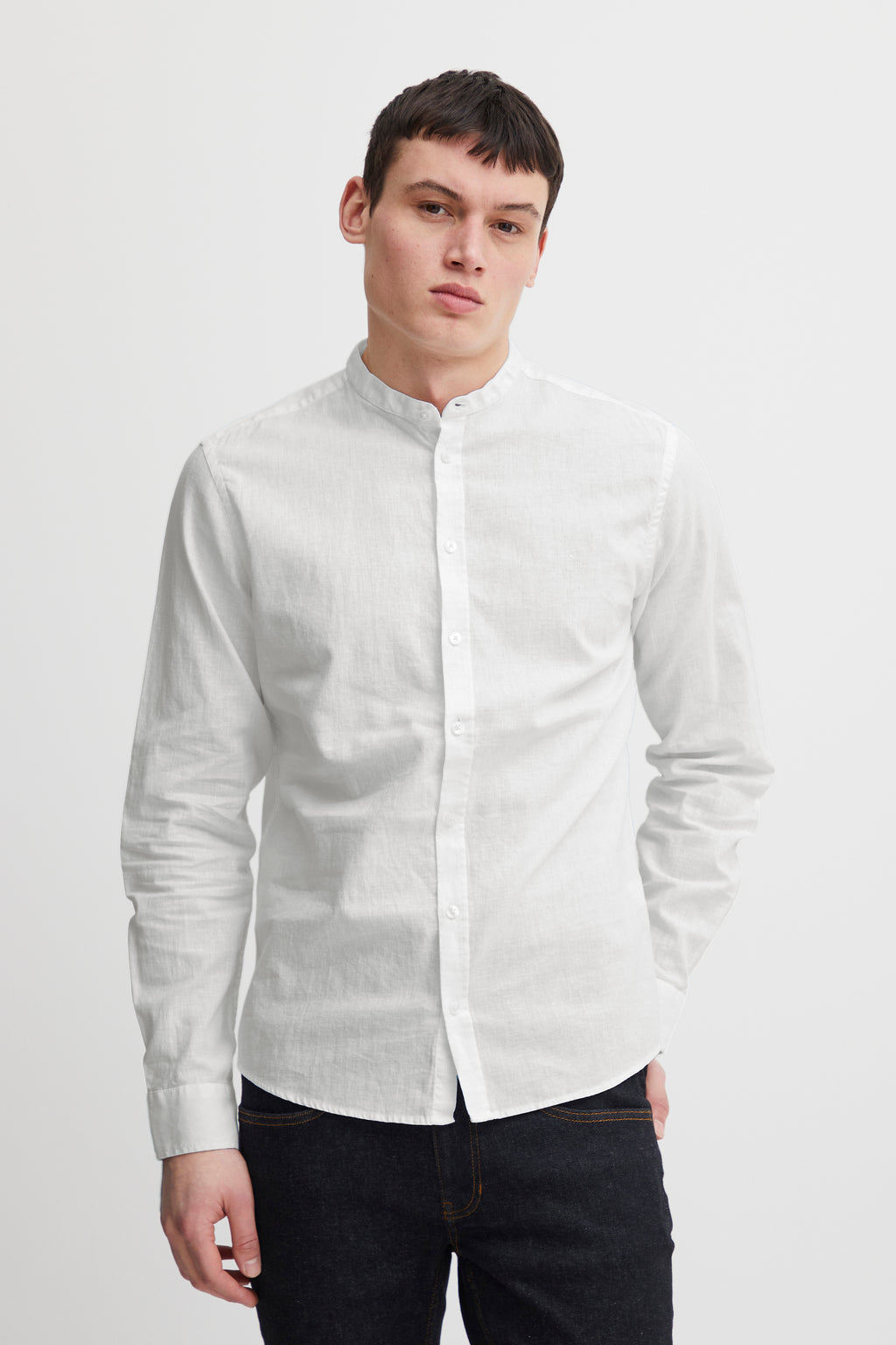 CFANTON Grandad Collar Linen Mix Shirt - White