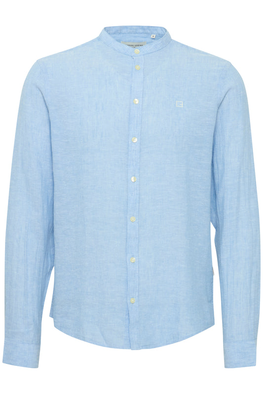 CFANTON Grandad Collar Linen Mix Shirt - Blue