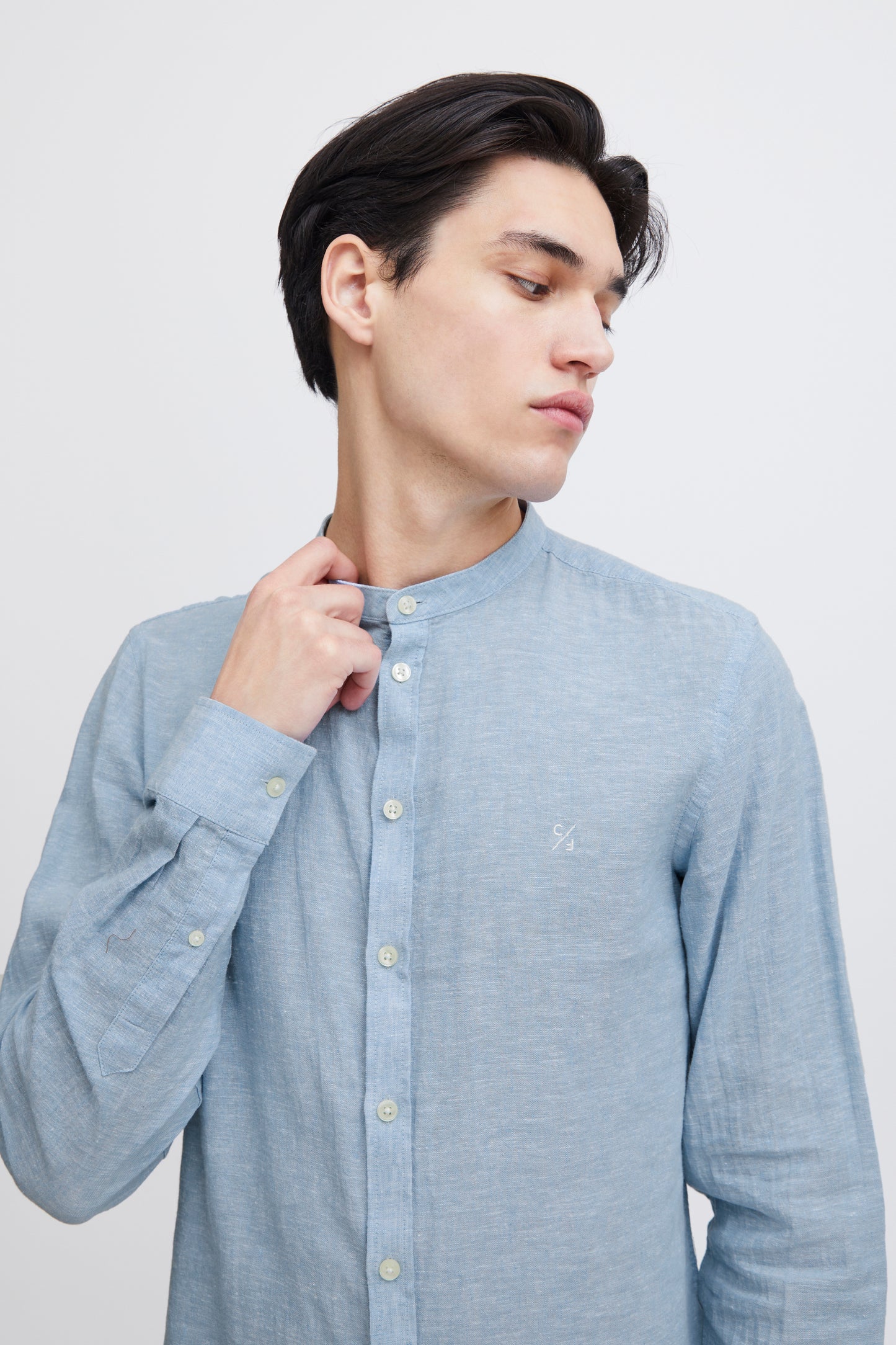 CFANTON Grandad Collar Linen Mix Shirt - Blue