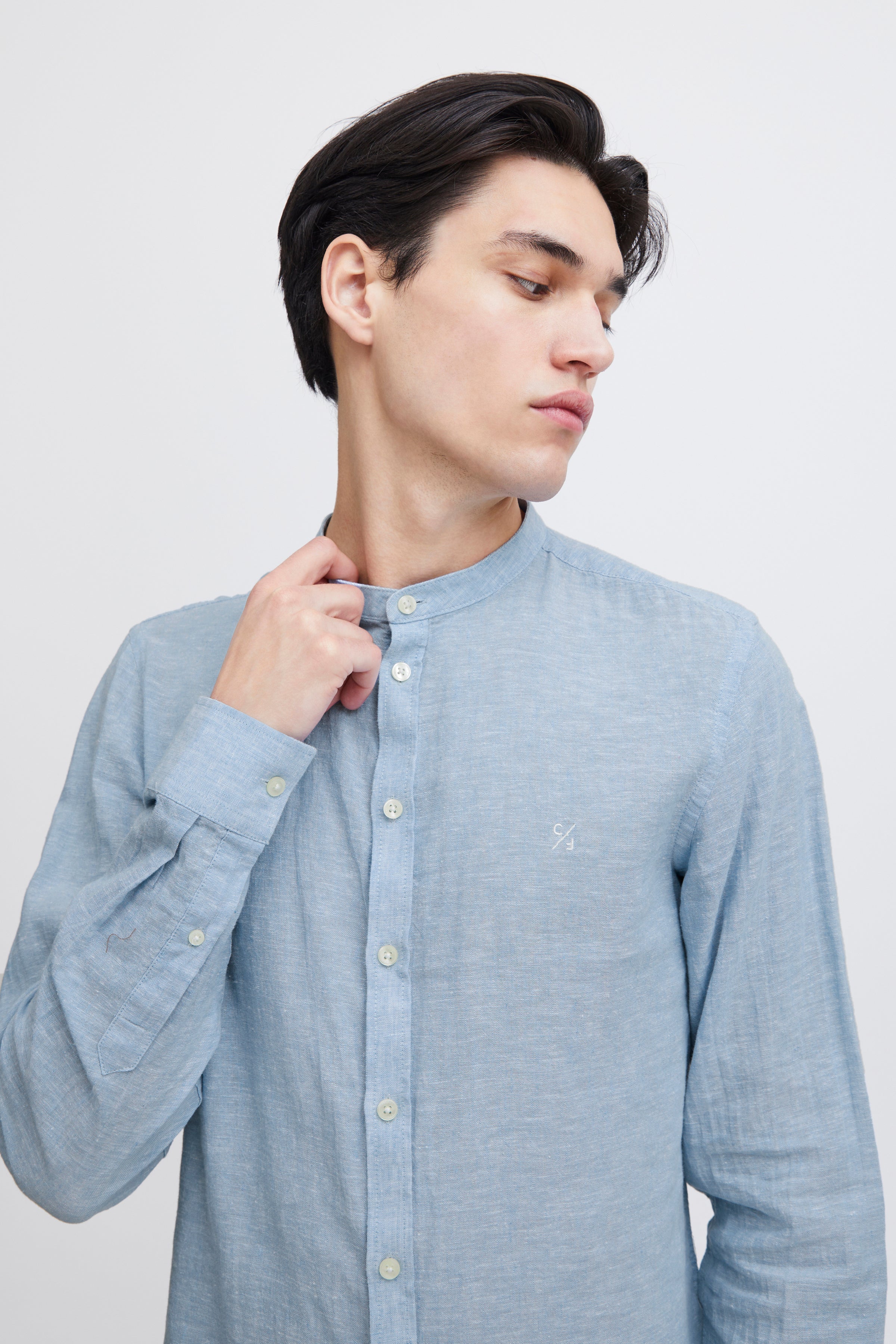 CFANTON Grandad Collar Linen Mix Shirt - Blue
