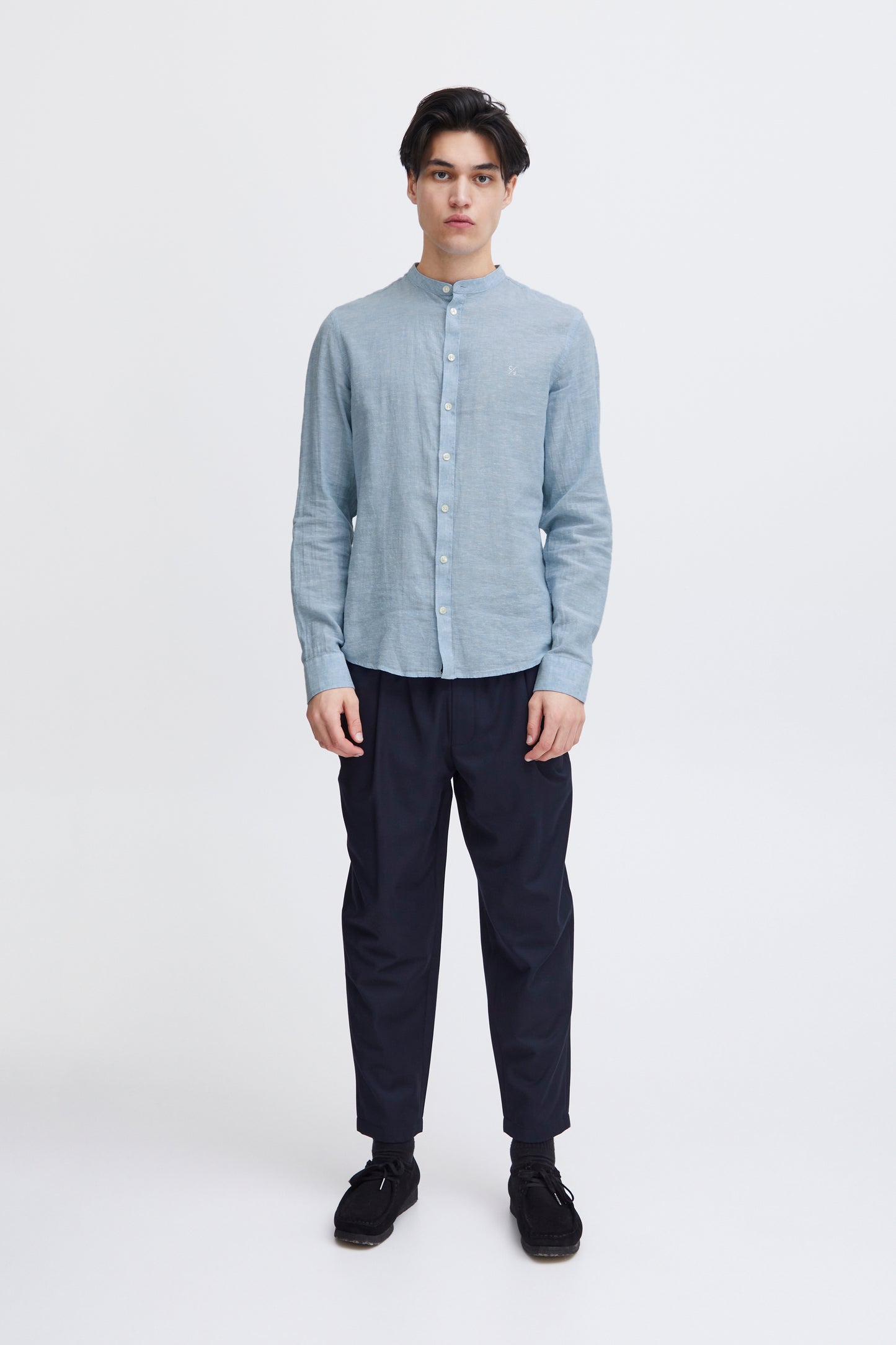 CFANTON Grandad Collar Linen Mix Shirt - Blue