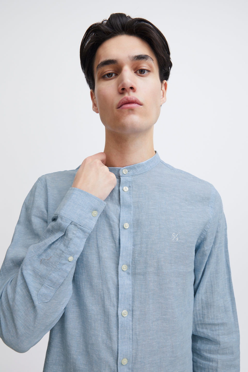 CFANTON Grandad Collar Linen Mix Shirt - Blue