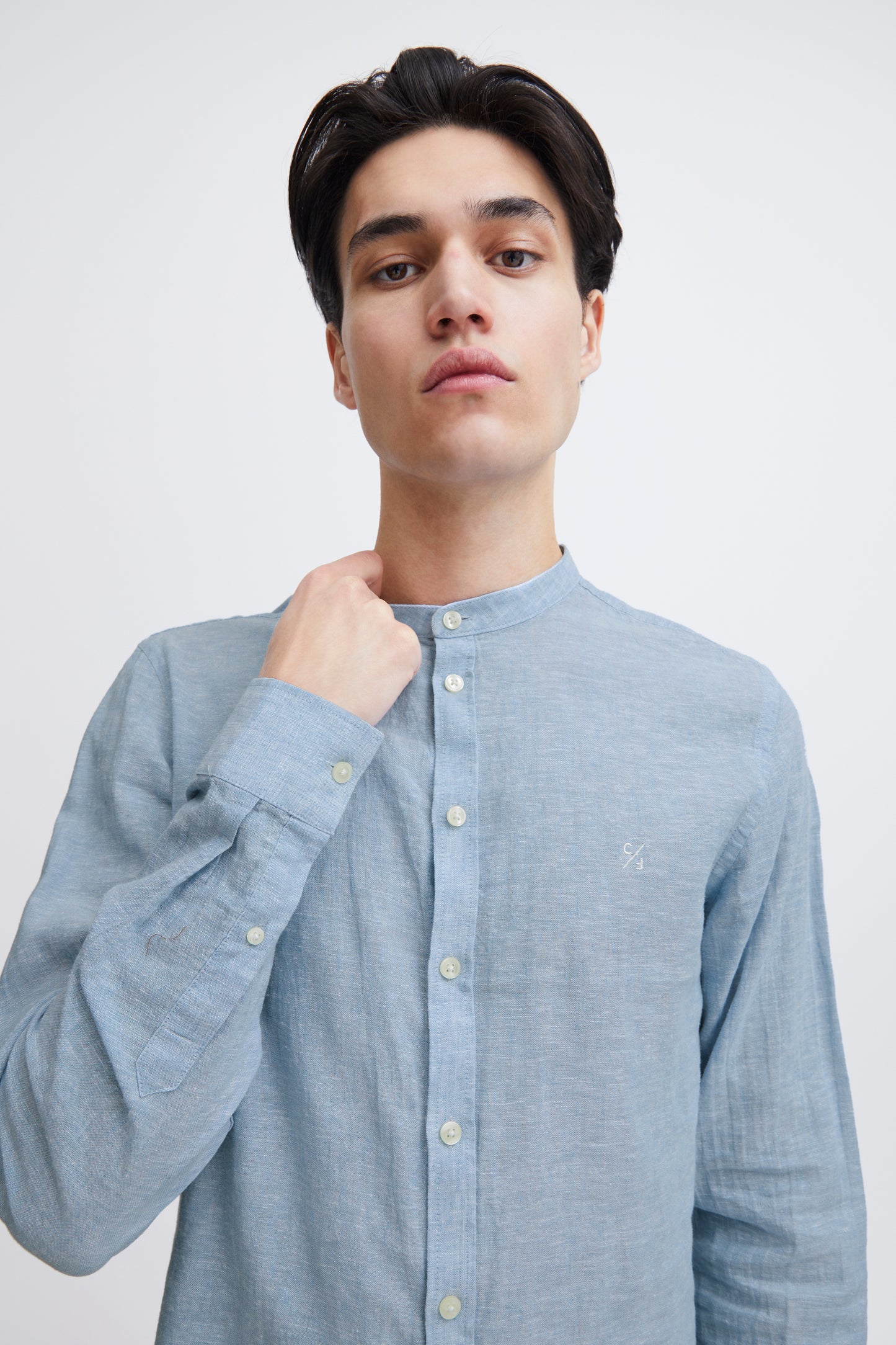 CFANTON Grandad Collar Linen Mix Shirt - Blue