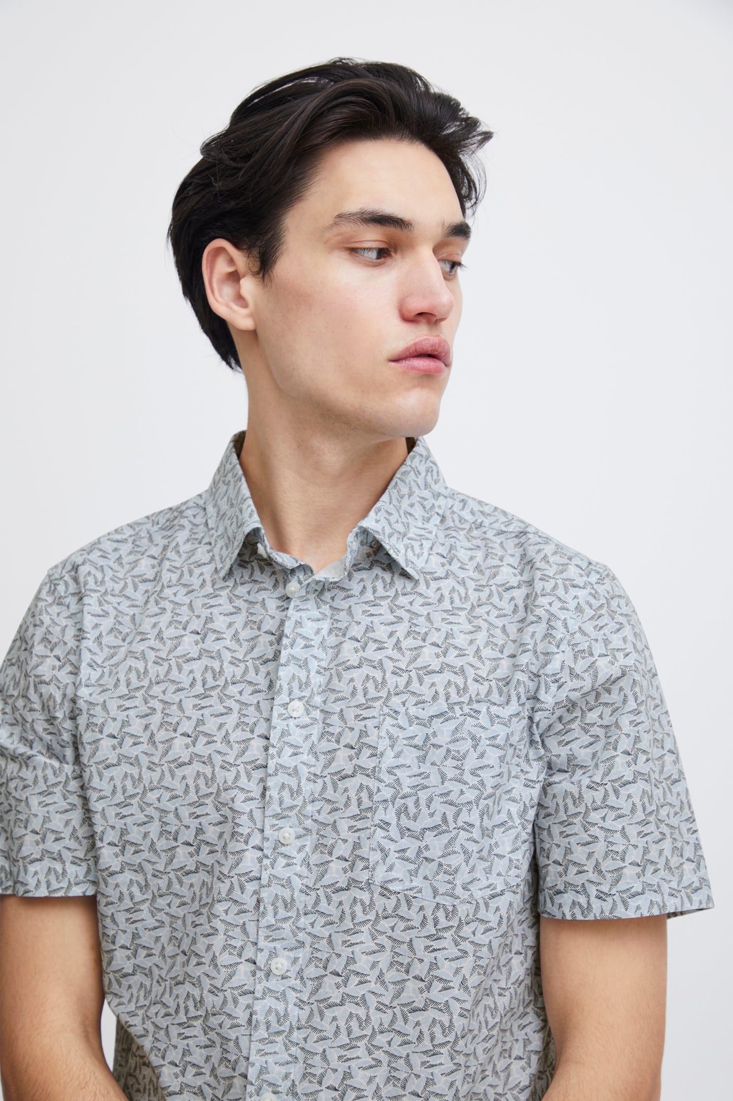 Leaf Print Pure Cotton Short Sleeve Shirt - Blue