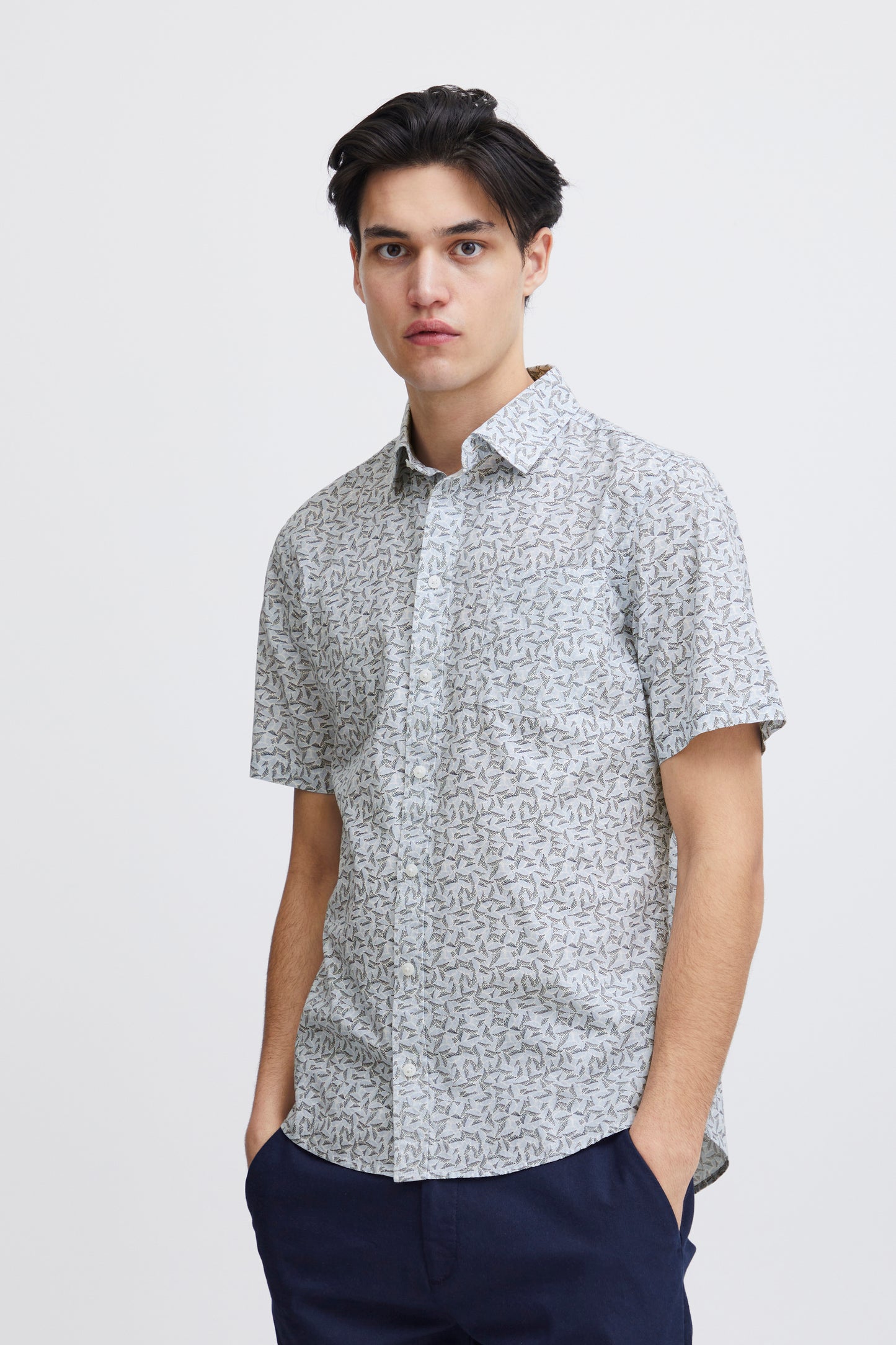 Leaf Print Pure Cotton Short Sleeve Shirt - Blue