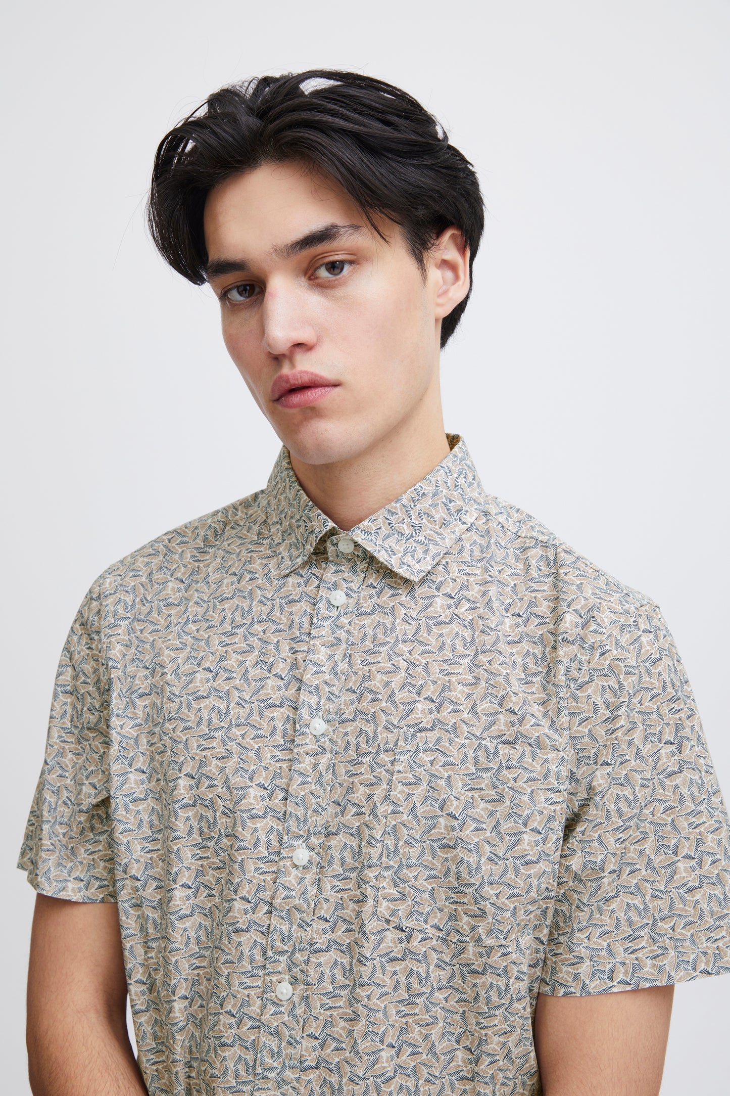 Leaf Print Pure Cotton Short Sleeve Shirt - Tan