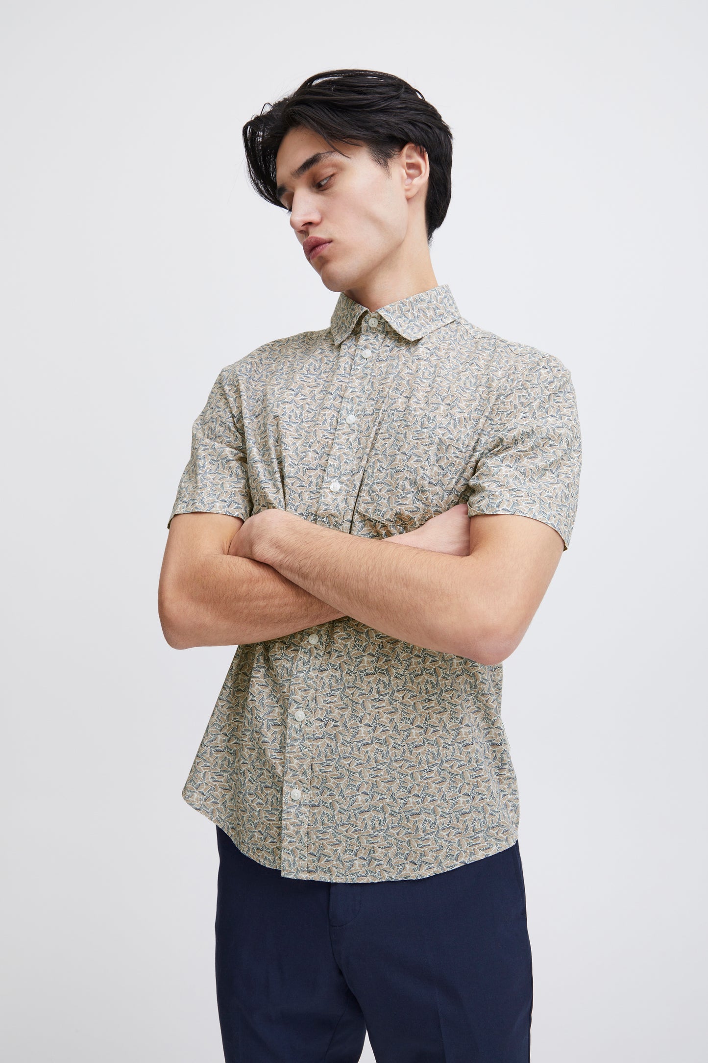 Leaf Print Pure Cotton Short Sleeve Shirt - Tan