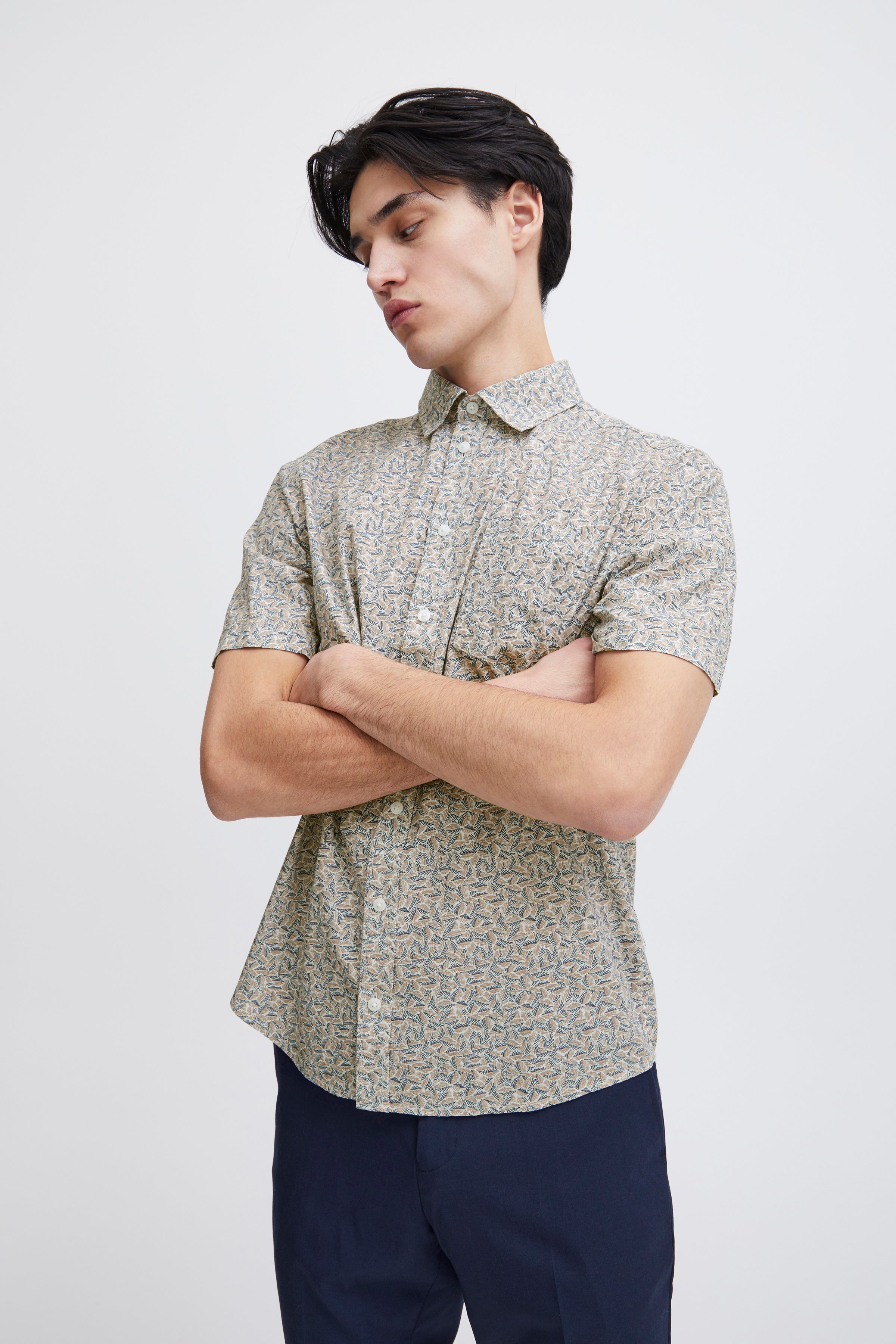 Leaf Print Pure Cotton Short Sleeve Shirt - Tan