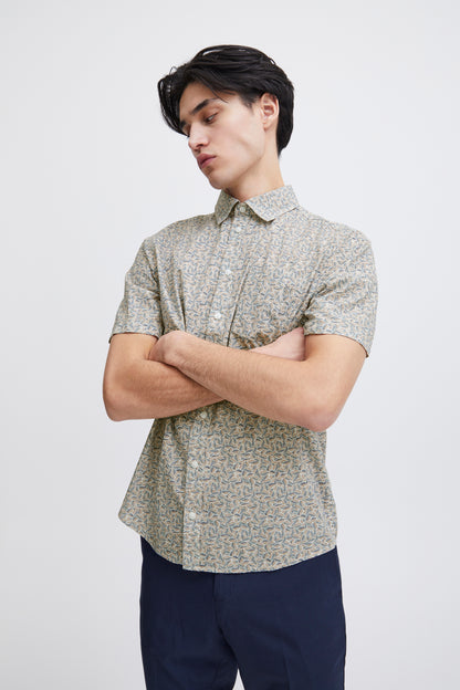 Leaf Print Pure Cotton Short Sleeve Shirt - Tan